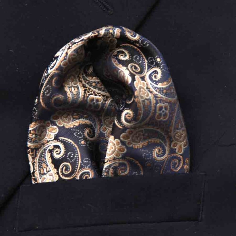 Gascoigne Pocket Square Navy Blue Tan White Paisley Flourish Men's